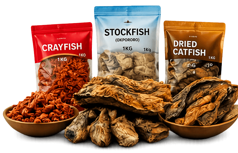 Assorted African foodstuffs including crayfish, stockfish, and dried catfish